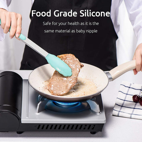 Kitchen Tongs, U-Taste 7/9/12 inches Cooking Tongs, with 600ºF High Heat-Resistant Non-Stick Silicone Tips, 18/8 Stainless Steel Handle, for Food Grill, Salad, BBQ, Frying, Serving, Pack of 3(Teal)